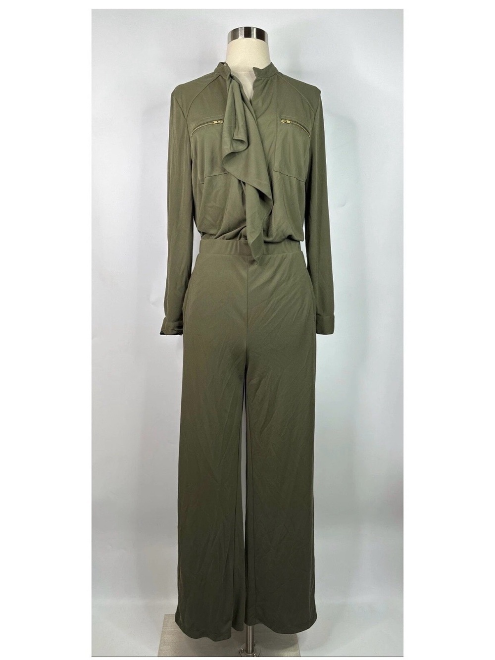 Chico's Olive Tie-Neck Long-Sleeve Wide-Leg Jumpsuit